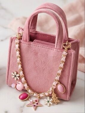 NWT Cara Kids New York Winter Wonderland Purse Charm Chain Pink Gold Tone Charm